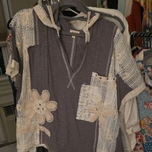 POL Charcoal and Cream Lace Hoodie. Distressed Sm.Discolored Area At Seam